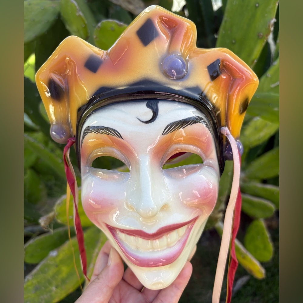 Vintage Clay Art USA 90s Colorful Ceramic Jester Mask Wall Hanging Decor